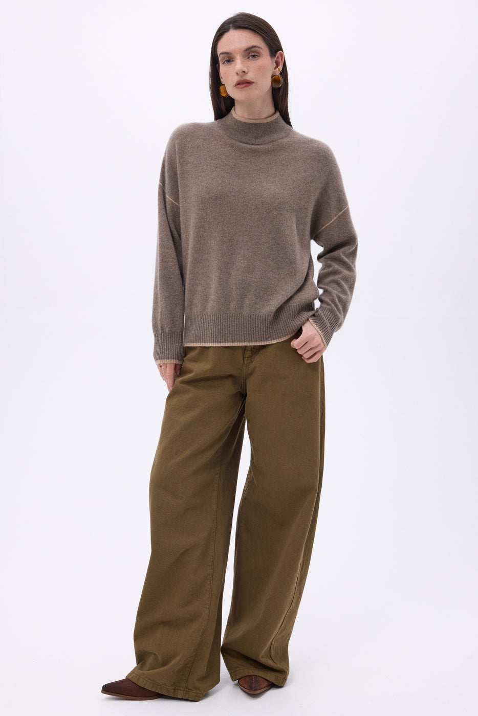 Jersey de cuello alto con ribete Line - Avellana - Beige crema - Mujer
