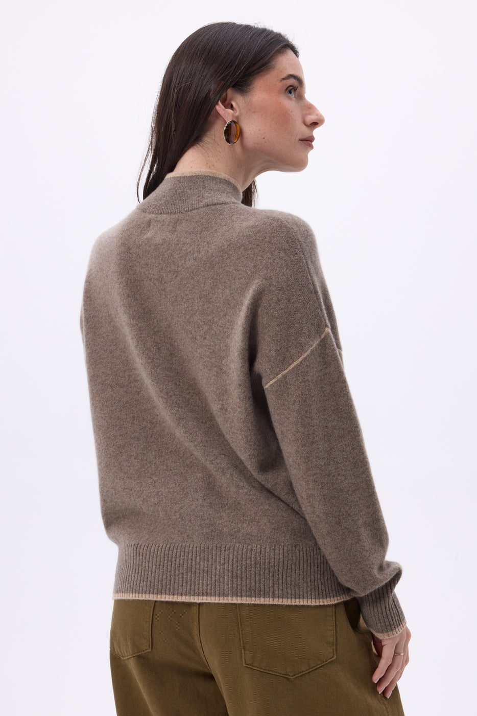 Jersey de cuello alto con ribete Line - Avellana - Beige crema - Mujer