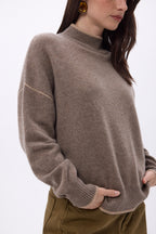 Jersey de cuello alto con ribete Line - Avellana - Beige crema - Mujer