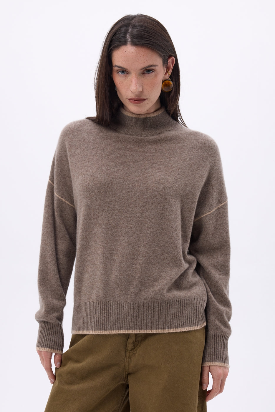 Jersey de cuello alto con ribete Line - Avellana - Beige crema - Mujer