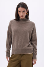 Jersey de cuello alto con ribete Line - Avellana - Beige crema - Mujer