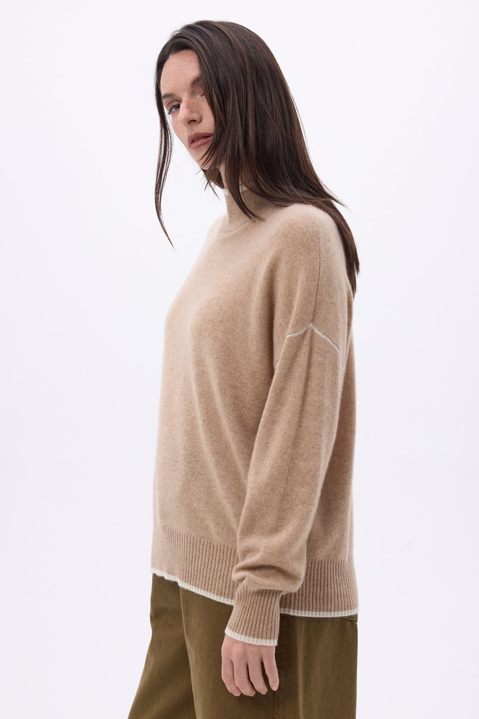 Jersey de cuello alto con ribetes Line - Beige crema - Blanco - Mujer