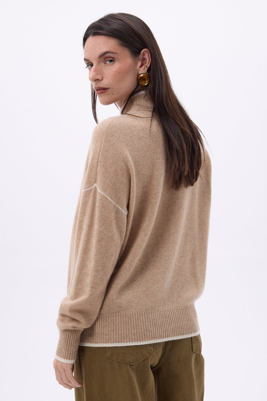 Jersey de cuello alto con ribetes Line - Beige crema - Blanco - Mujer