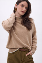 Jersey de cuello alto con ribetes Line - Beige crema - Blanco - Mujer
