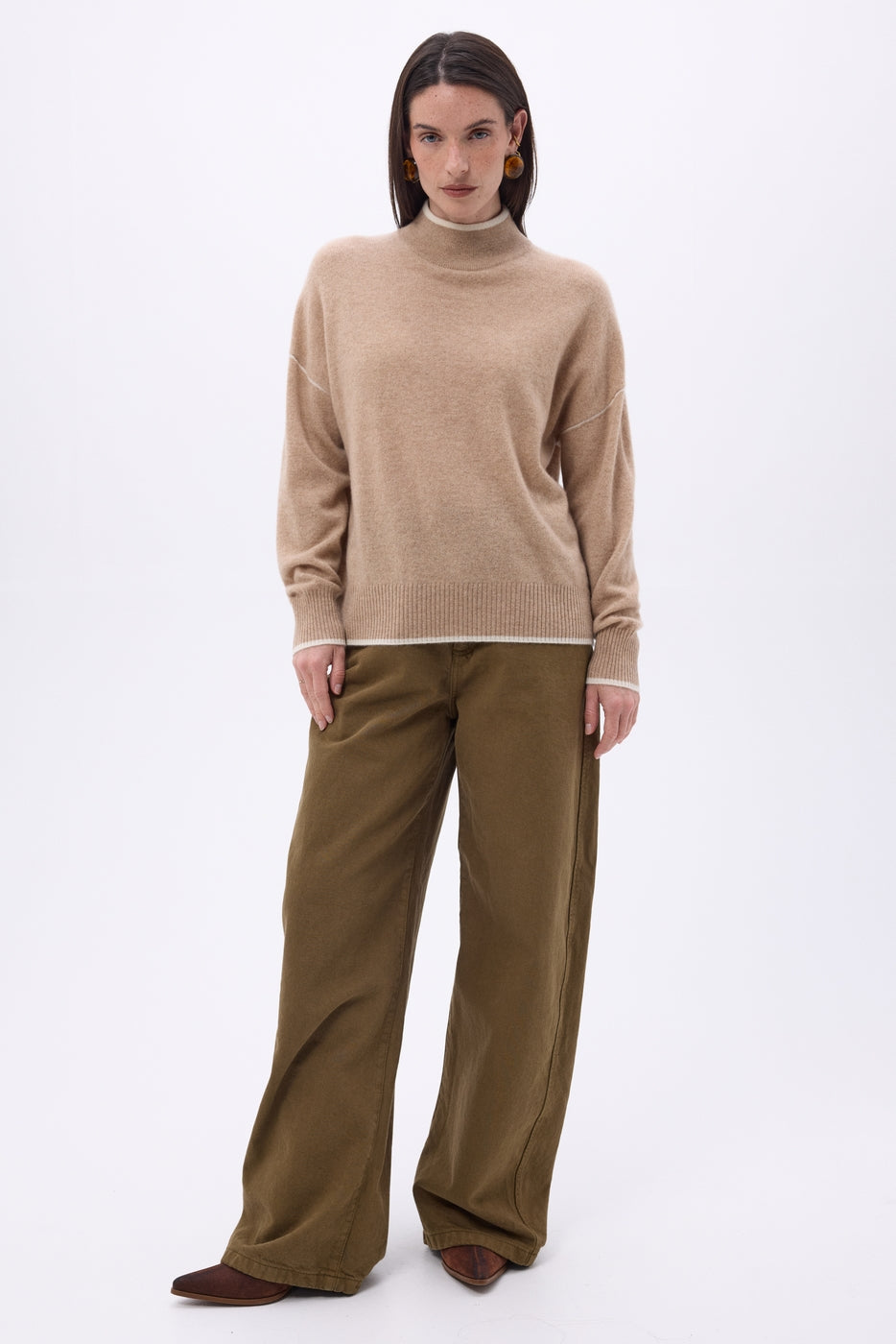Jersey de cuello alto con ribetes Line - Beige crema - Blanco - Mujer