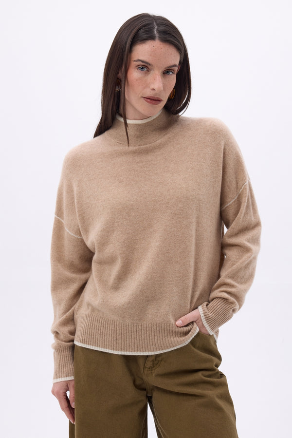 Maglione Collo Lupetto Con Profilo Line - Beige Crema - Bianco - Donna - 100% Cashmere