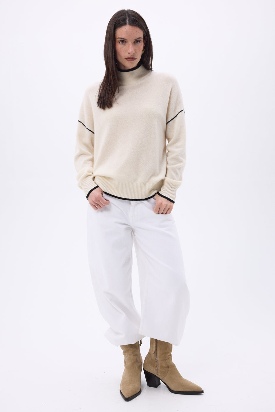 Pull Col Montant Liseret Line - Blanc Noir - Femme
