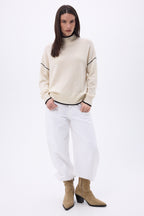 Pull Col Montant Liseret Line - Blanc Noir - Femme
