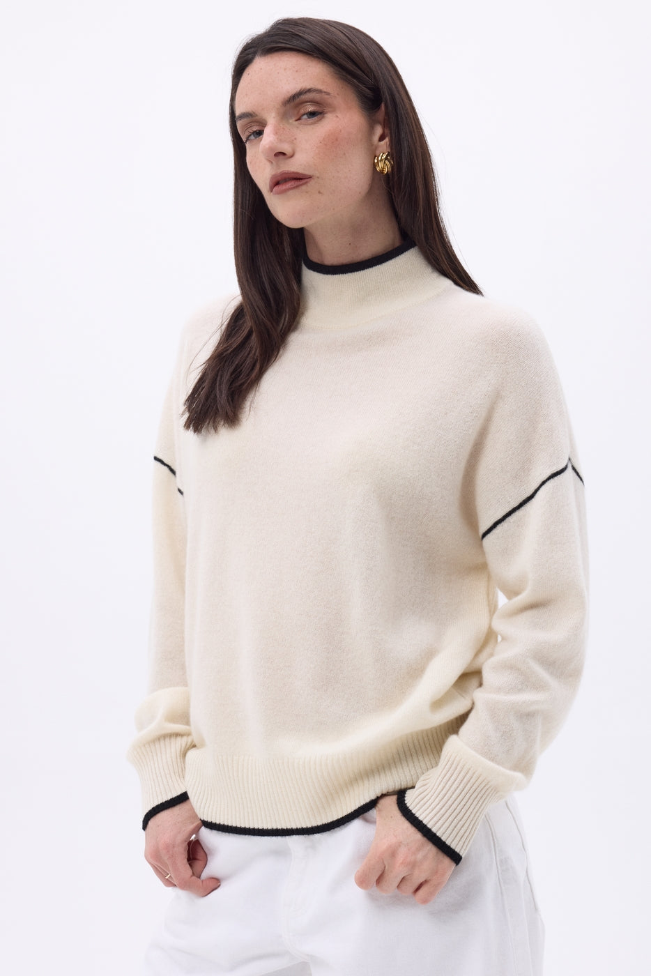 Pull Col Montant Liseret Line - Blanc Noir - Femme