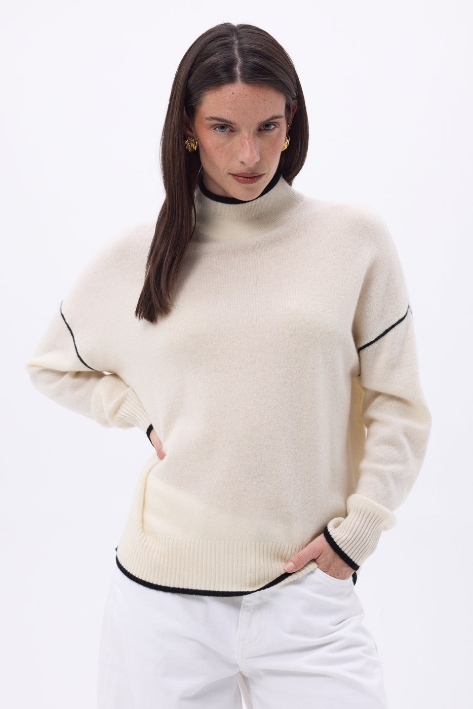 Pull Col Montant Liseret Line - Blanc Noir - Femme