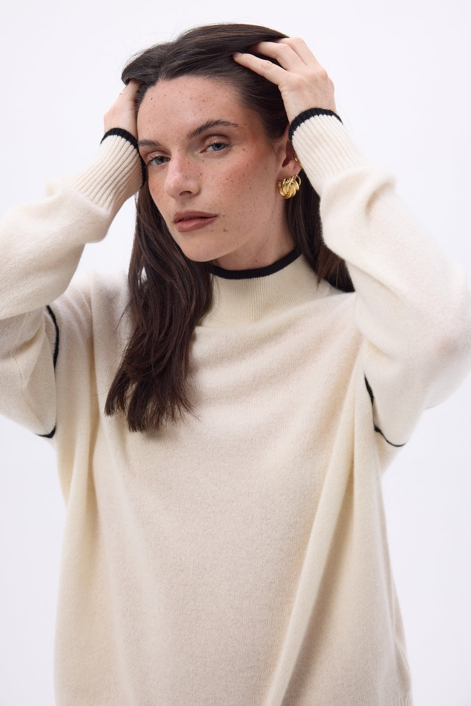 Pull Col Montant Liseret Line - Blanc Noir - Femme
