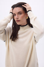 Pull Col Montant Liseret Line - Blanc Noir - Femme