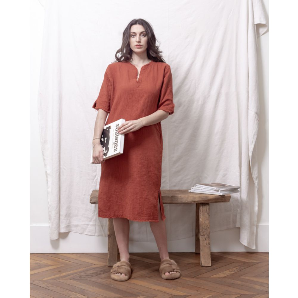 Vestido con flecos de gasa de algodón - Rojo