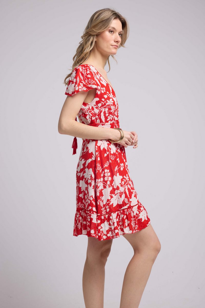 Robe Courte Manches Courtes - Grosses Fleurs Rouge
