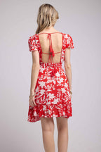 Robe Courte Manches Courtes - Grosses Fleurs Rouge