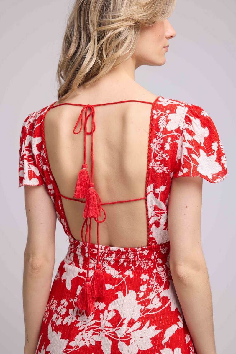 Robe Courte Manches Courtes - Grosses Fleurs Rouge