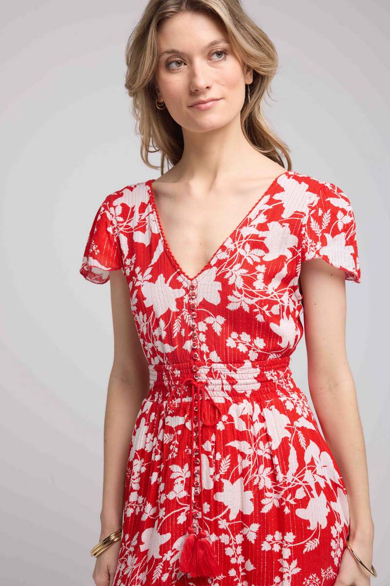 Robe Courte Manches Courtes - Grosses Fleurs Rouge