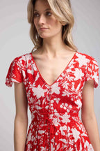 Robe Courte Manches Courtes - Grosses Fleurs Rouge