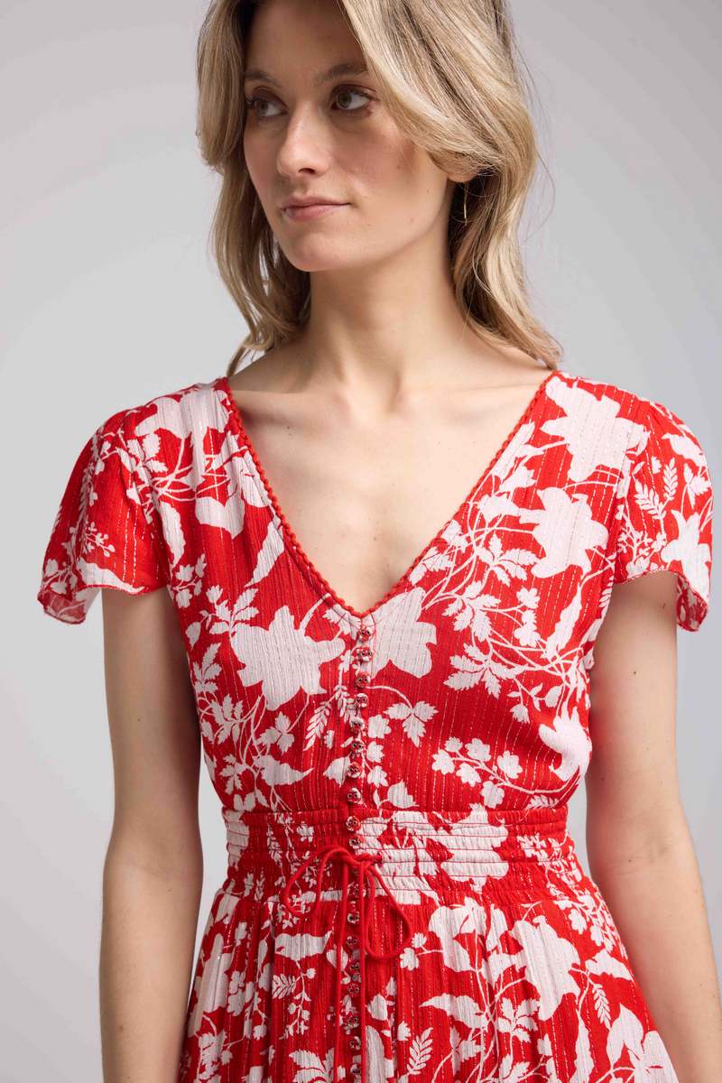 Robe Courte Manches Courtes - Grosses Fleurs Rouge