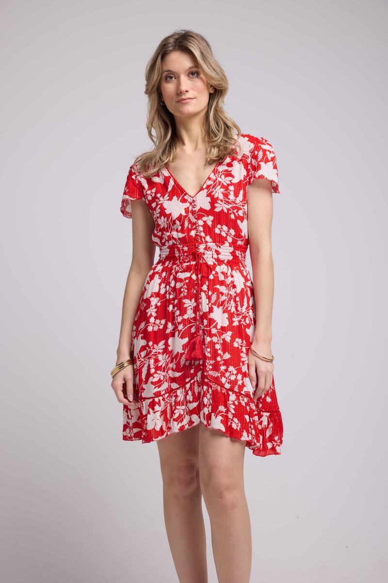 Robe Courte Manches Courtes - Grosses Fleurs Rouge