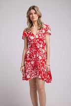Robe Courte Manches Courtes - Grosses Fleurs Rouge