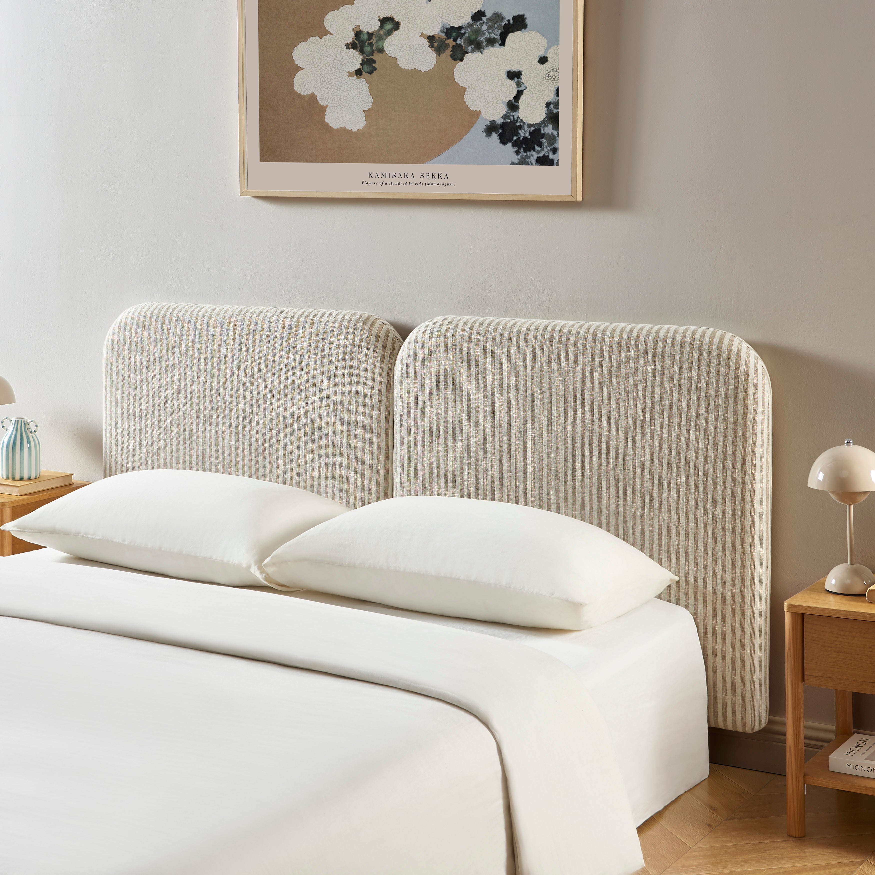 Louison - Headboard - Striped Linen Fabric - White and Beige