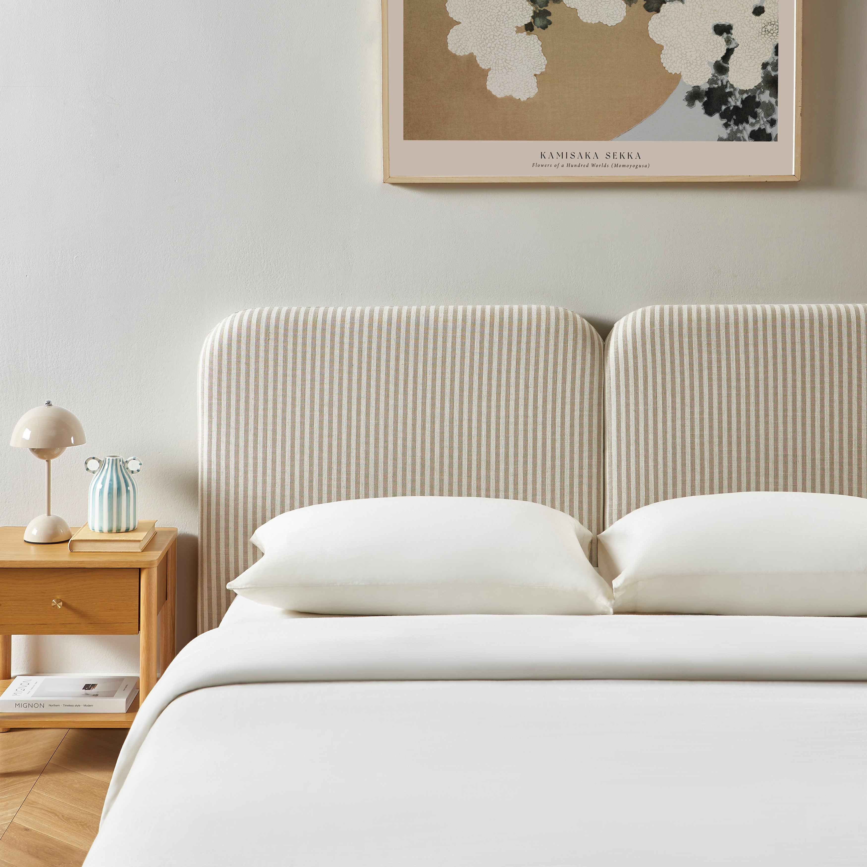 Louison - Headboard - Striped Linen Fabric - White and Beige
