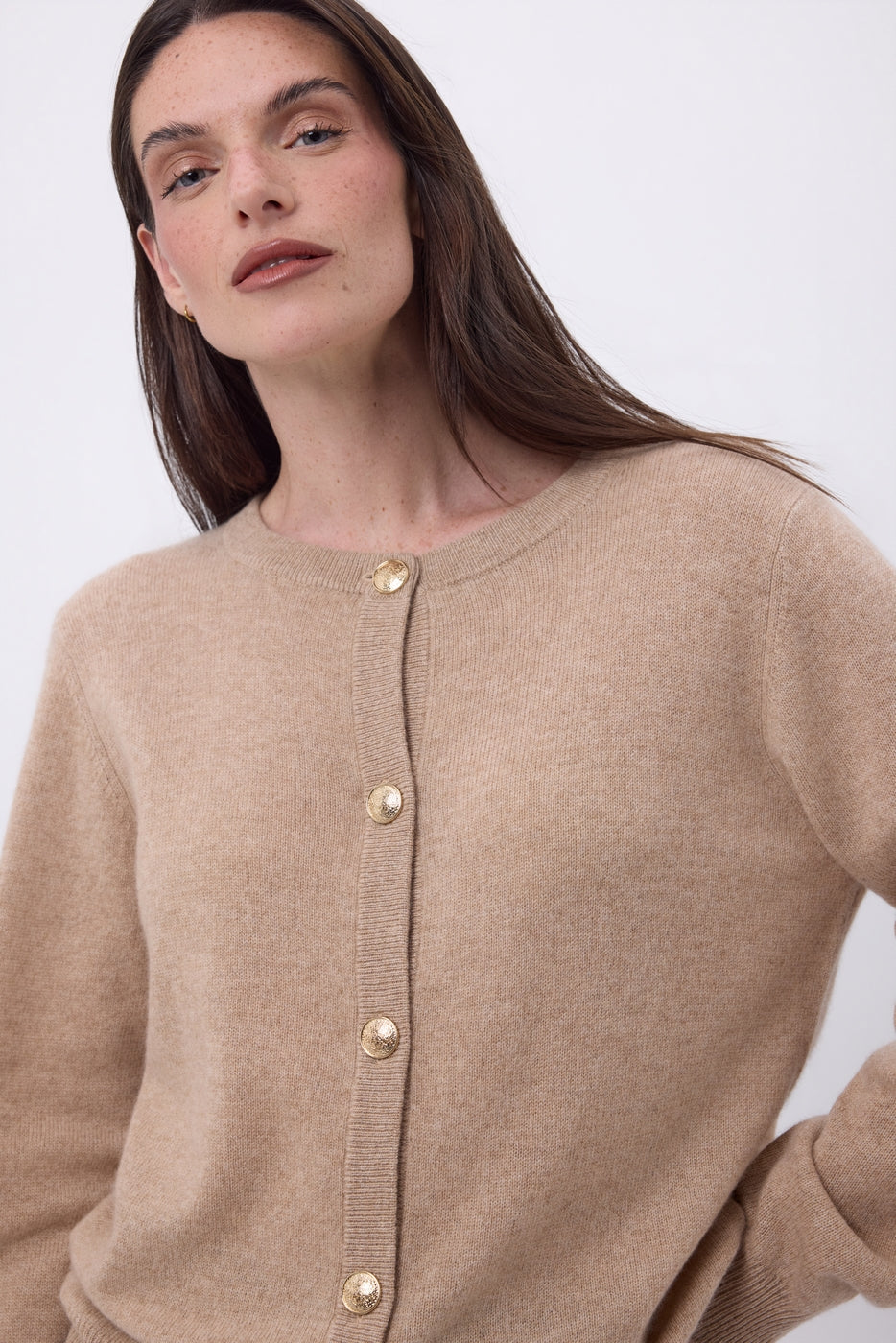 Gilet Col Rond Oversize Boutons Dorés Lume - Beige Creme - Femme