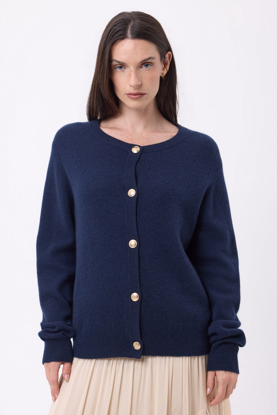 Gilet Col Rond Oversize Boutons Dorés Lume - Bleu Marine - Femme
