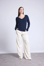 Jersey de cuello en V Luna - Azul marino - Mujer