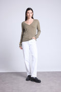 Jersey de cuello en V Luna - Verde caqui - Mujer