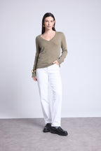 Jersey de cuello en V Luna - Verde caqui - Mujer