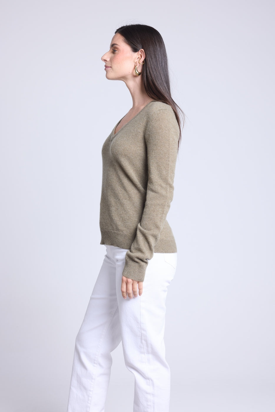 Jersey de cuello en V Luna - Verde caqui - Mujer