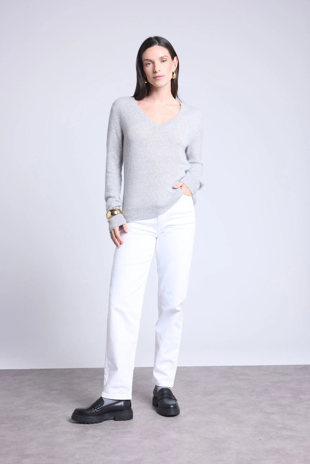 Jersey de cuello en V Luna - Gris claro - Mujer
