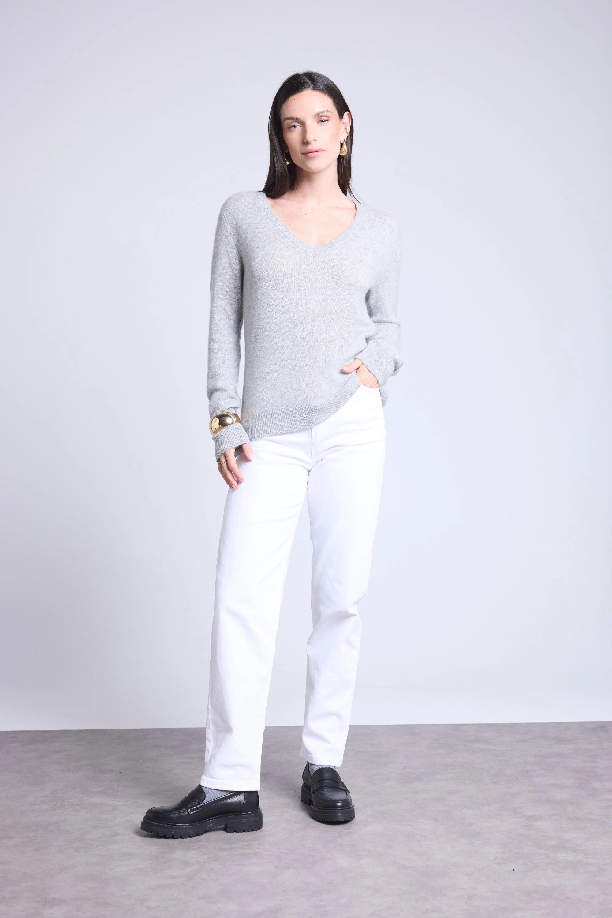 Jersey de cuello en V Luna - Gris claro - Mujer