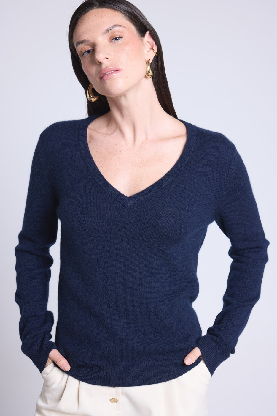 Jersey de cuello en V Luna - Azul marino - Mujer