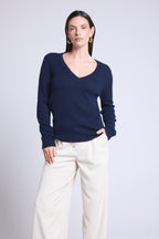 Jersey de cuello en V Luna - Azul marino - Mujer