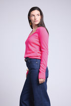 Pull Col V Luna - Rose Fluo - Femme