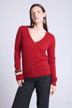 Jersey de cuello en V Luna - Rojo burdeos - Mujer