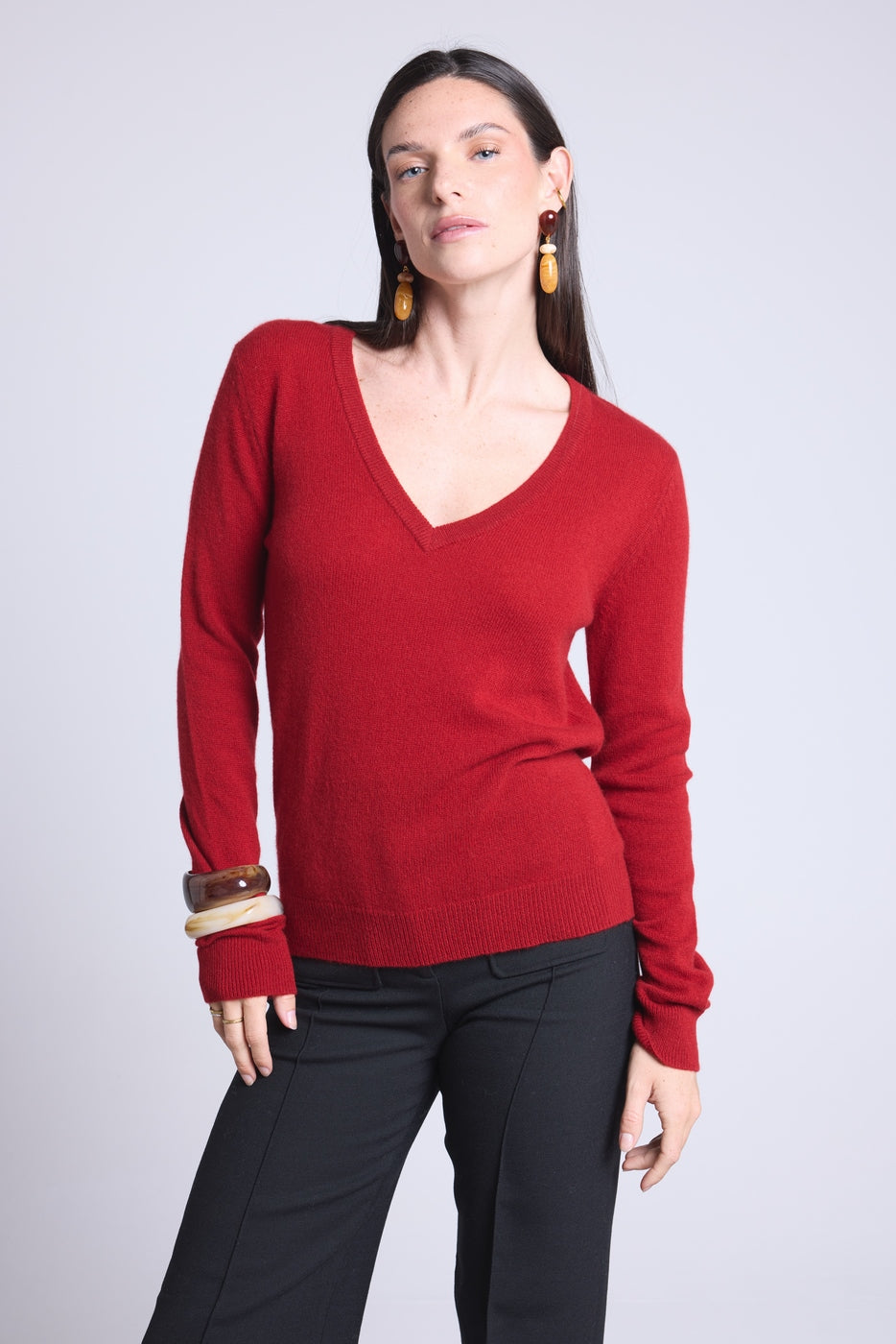 Jersey de cuello en V Luna - Rojo burdeos - Mujer