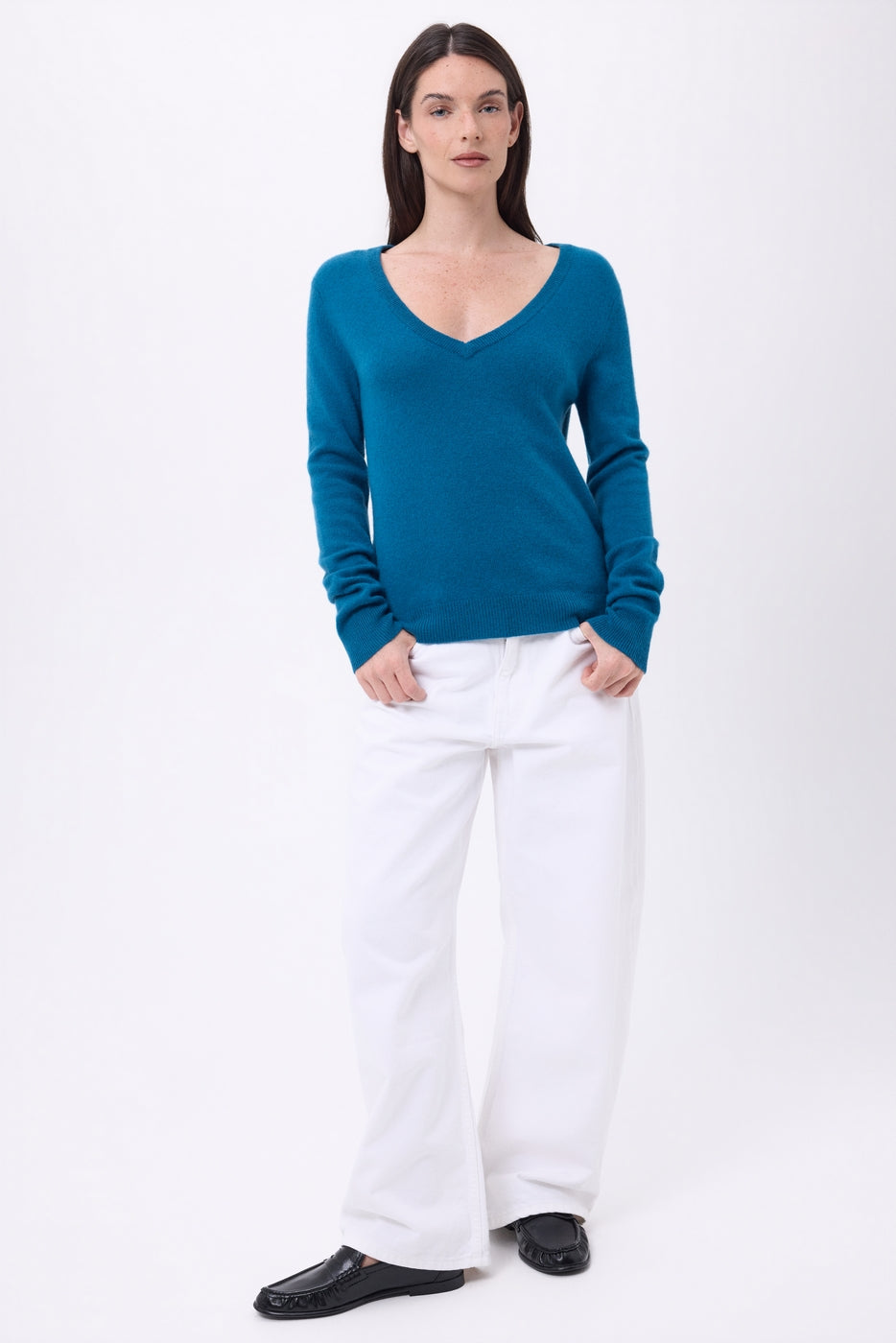 Pull Col V Luna - Bleu Canard - Femme