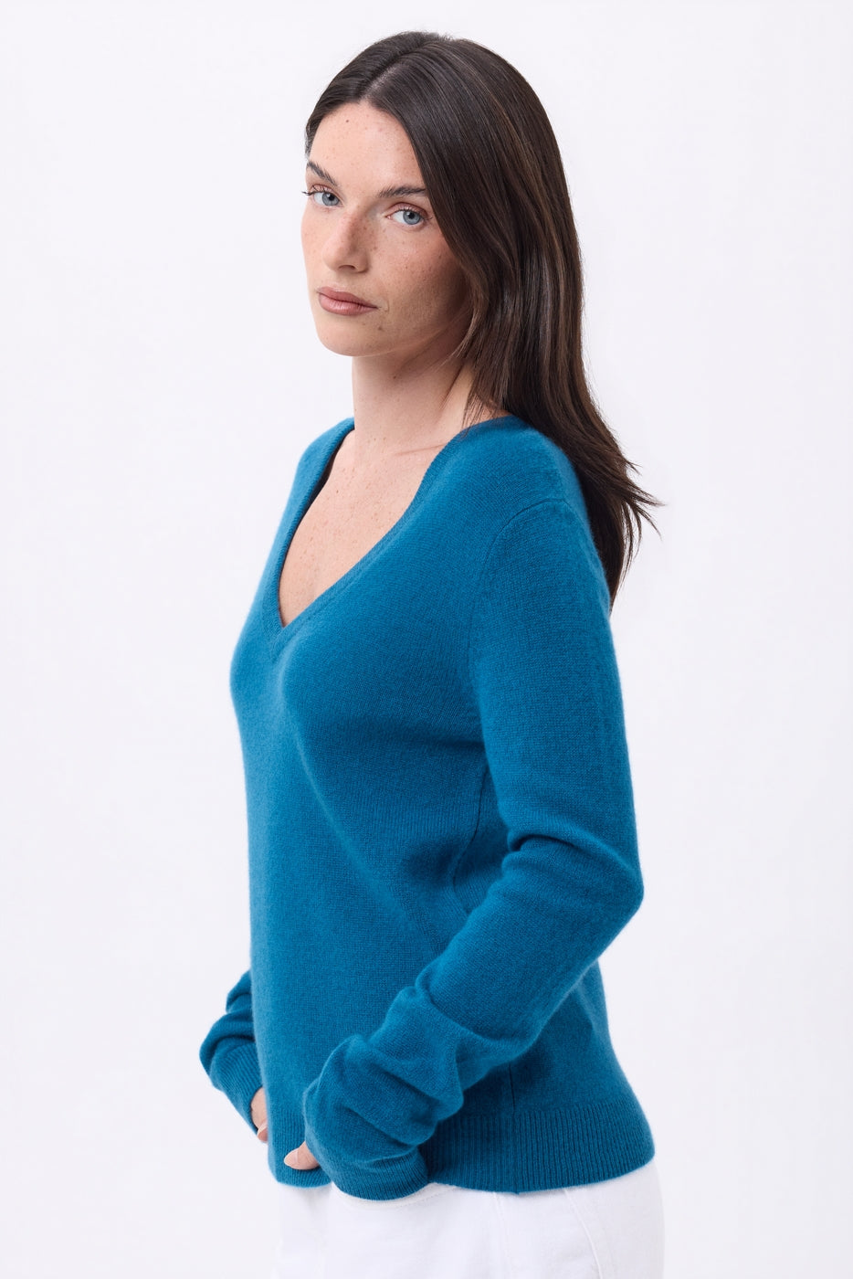 Pull Col V Luna - Bleu Canard - Femme