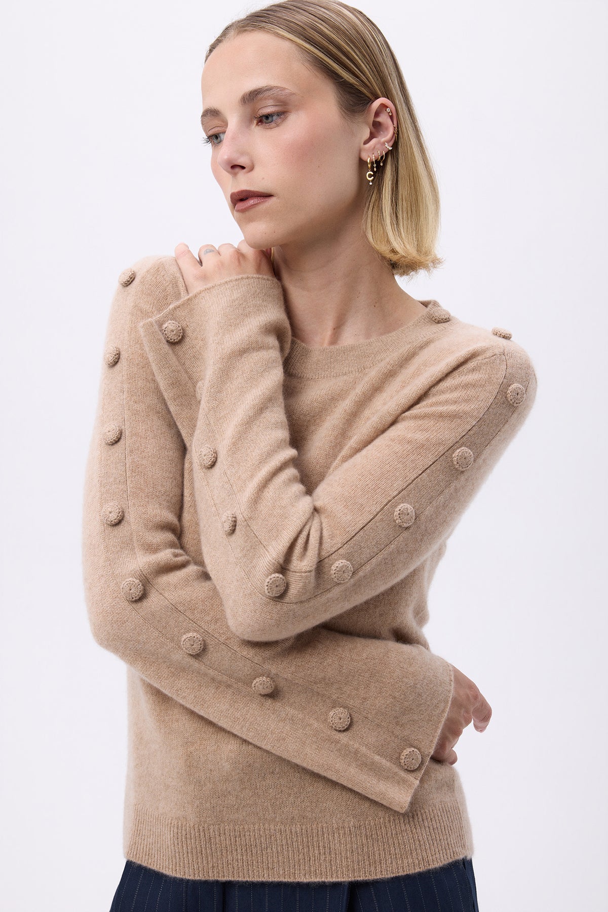 Jersey de cuello redondo mangas acampanadas botones F Lys - Beige crema - Mujer