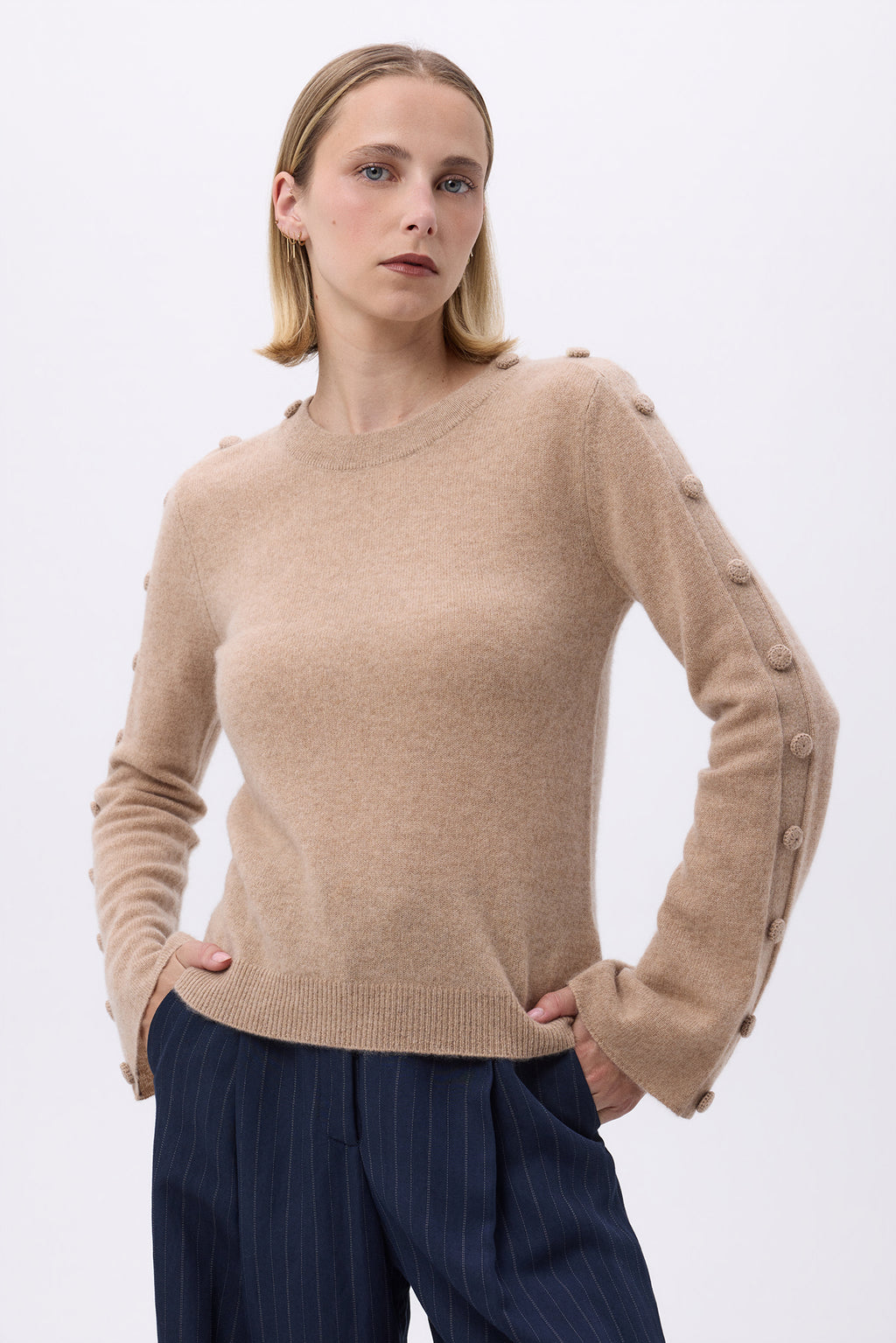 Jersey de cuello redondo mangas acampanadas botones F Lys - Beige crema - Mujer