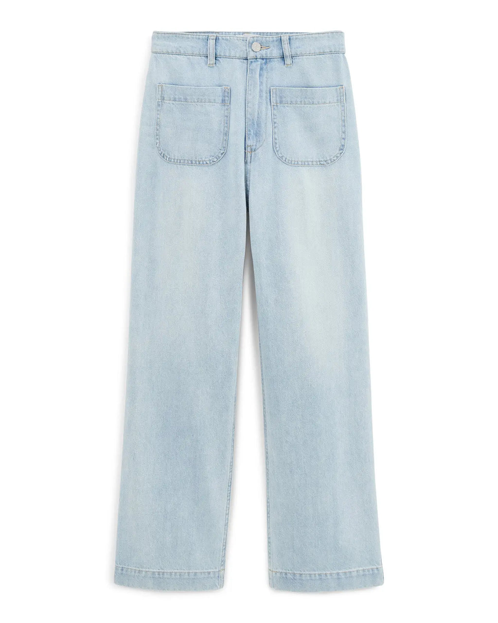 Jean femme en denim coton léger couleur bleu clair, coupe large droite avec poches plaquées devant, adapté à toutes les morphologies.