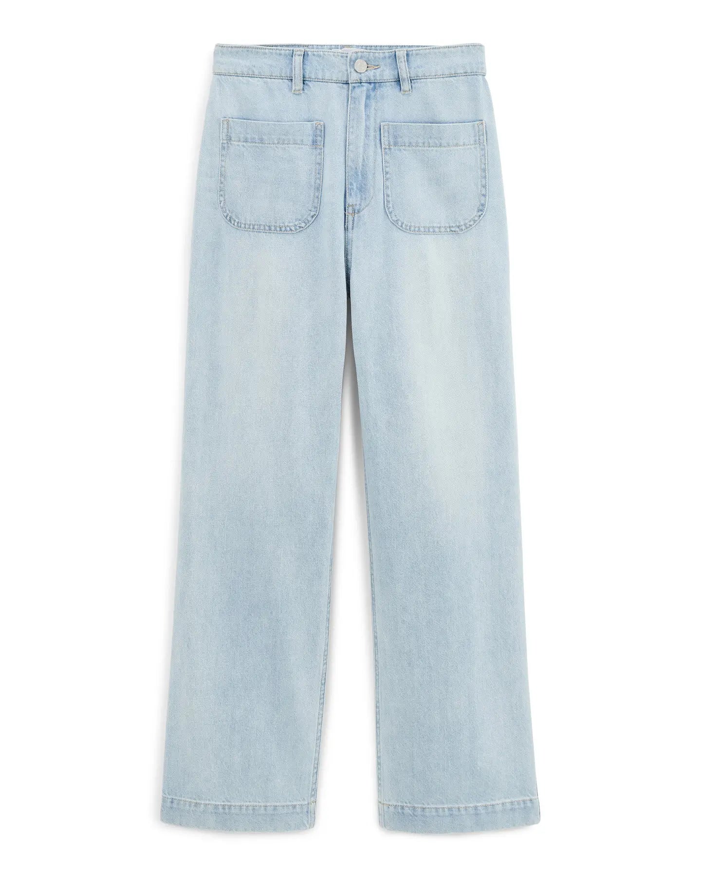 Jean femme en denim coton léger couleur bleu clair, coupe large droite avec poches plaquées devant, adapté à toutes les morphologies.