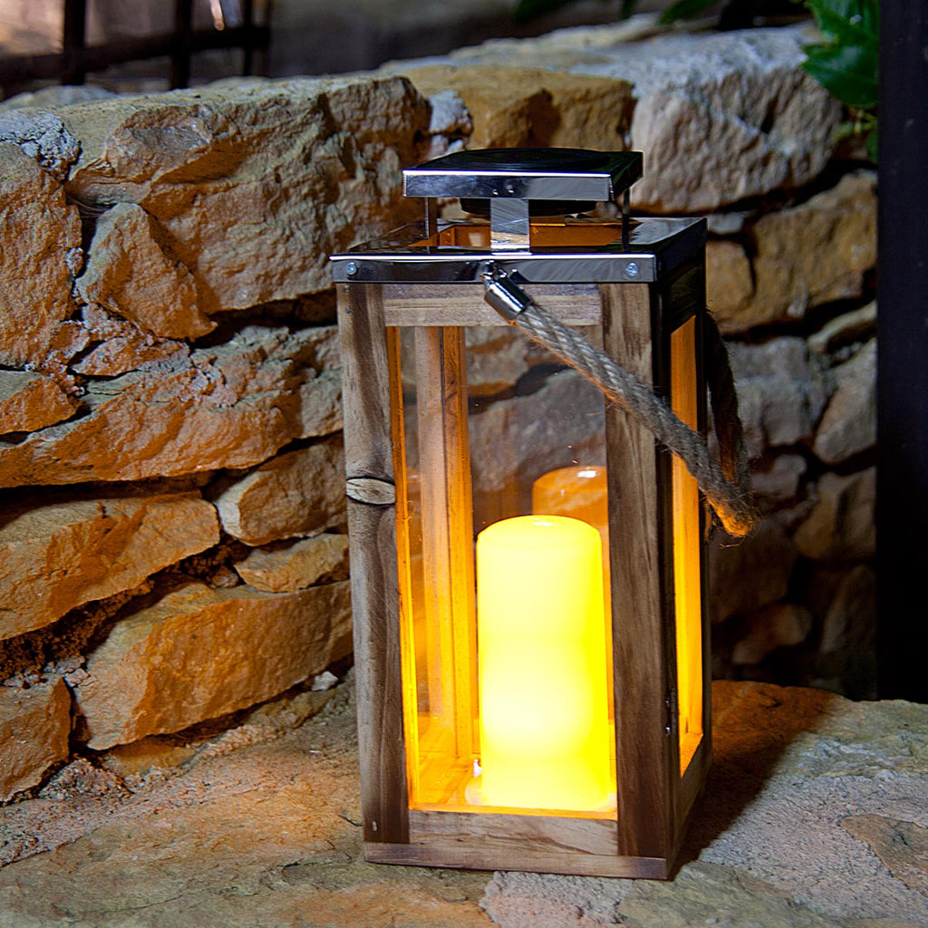 Elegante farol solar de madera natural y mango de cuerda de acero inoxidable LED blanco cálido OAKY H41cm - REDDECO.com