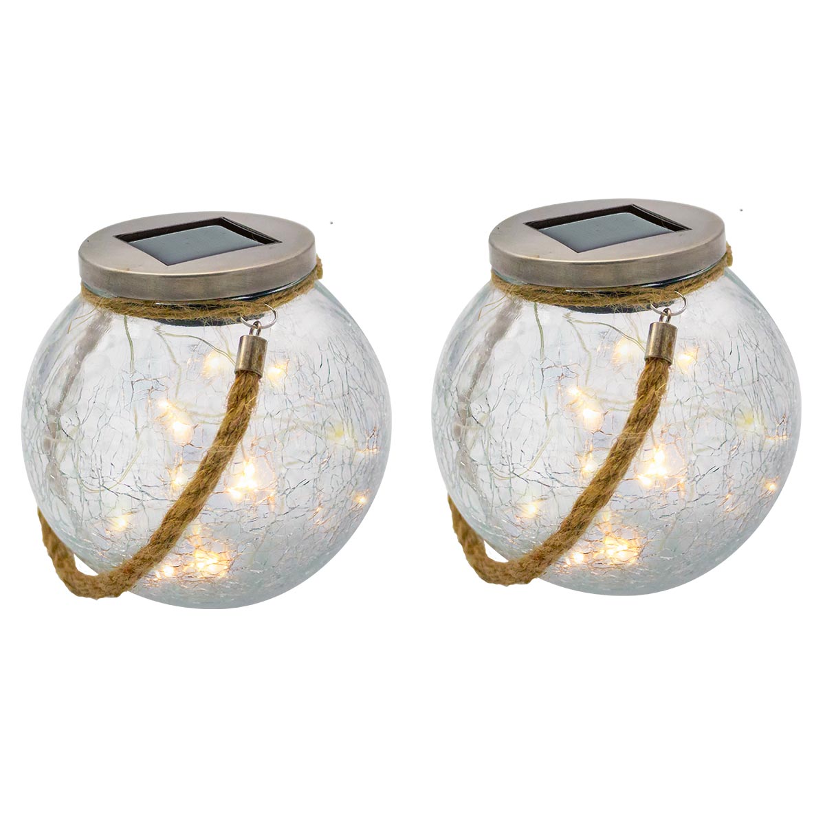Set of 2 cracked glass solar balls to place with rope handle micro warm white LED CRACK BALL CORD H13cm - REDDECO.com