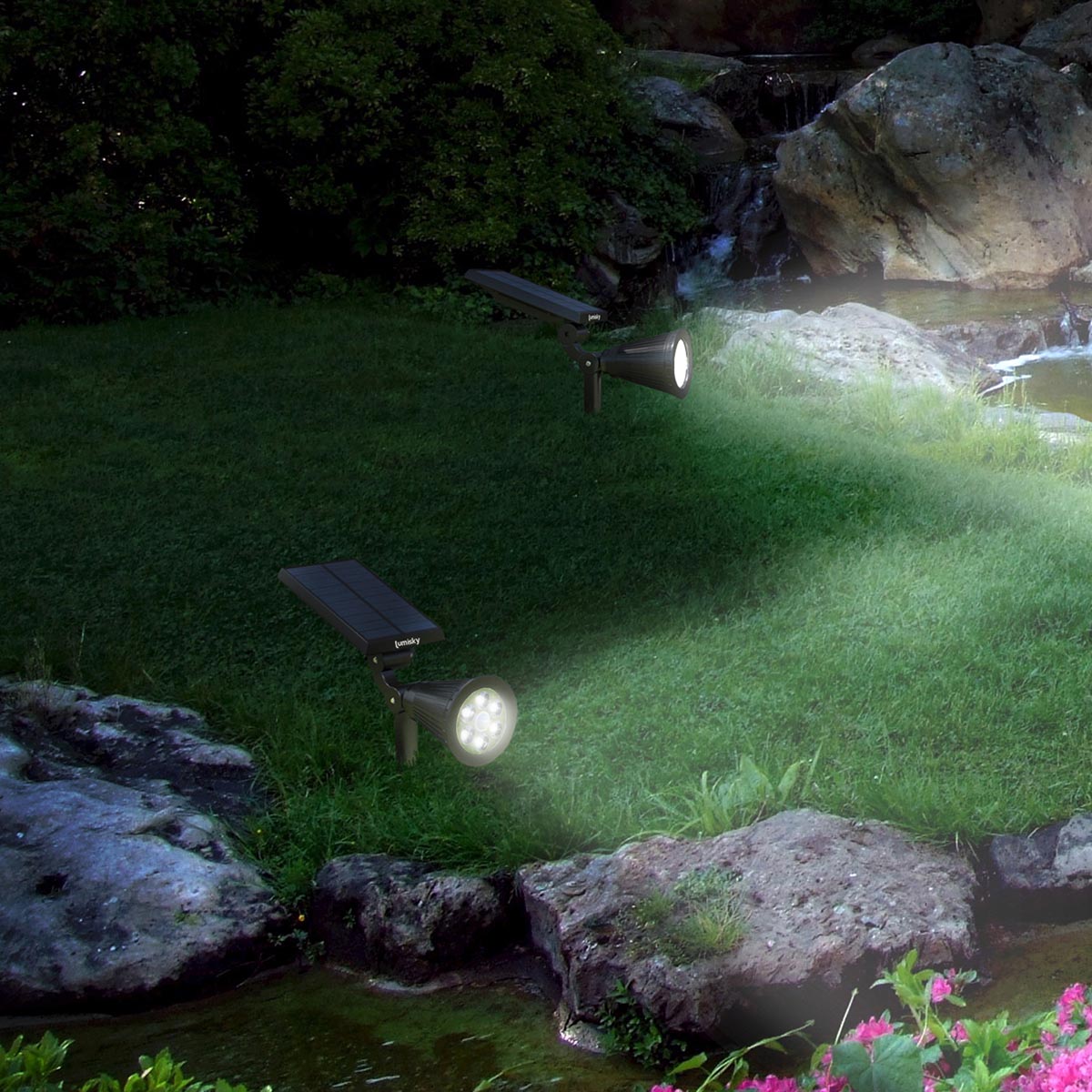 Set of 2 solar spotlights 2in1 projectors to stick or fix powerful dimmable white LED lighting SPIKY H42cm - REDDECO.com
