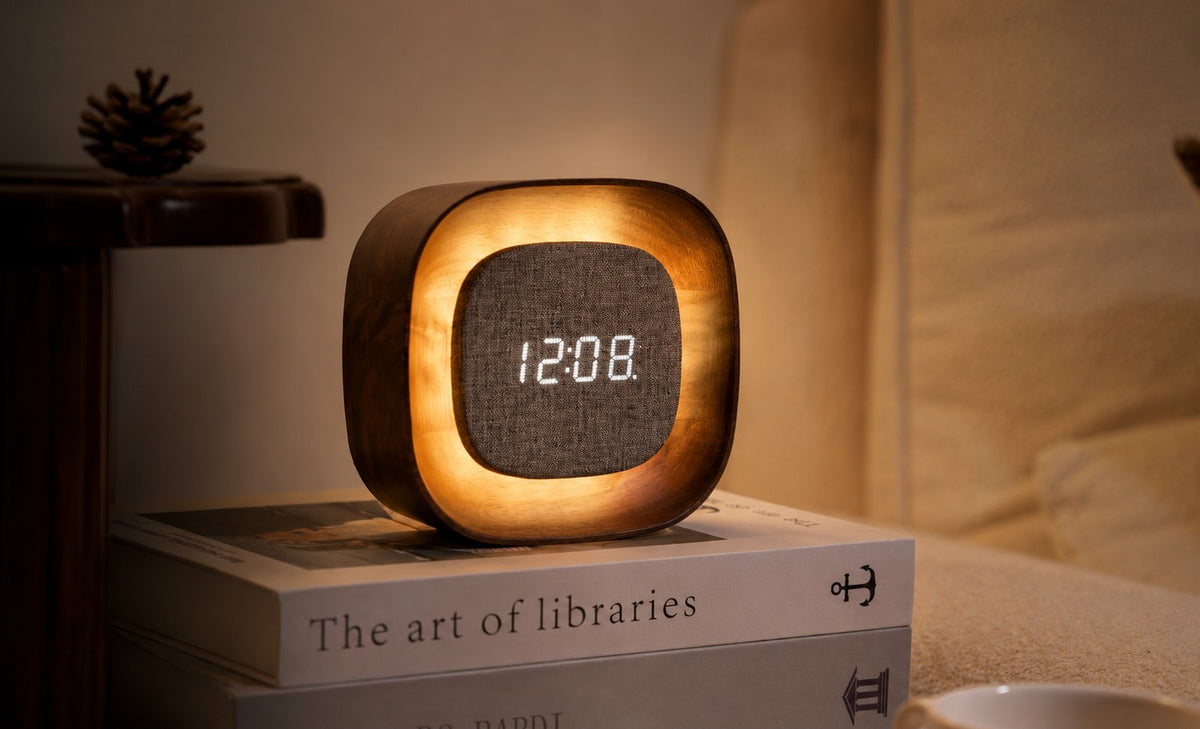 Gingko Design – Orologio Lumos - Quadrata Noce, sveglia luminosa in legno e tessuto, posata su dei libri